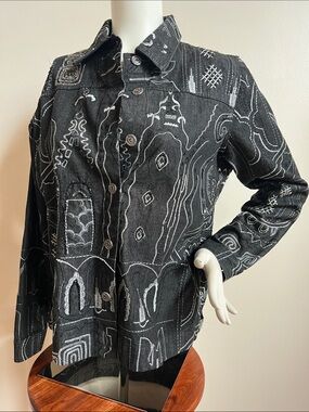 Laura Ashley Black & White Southwestern Patterned Jean Jacket